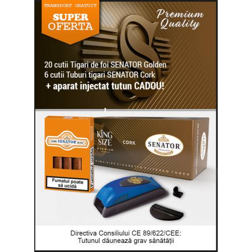 Oferta - Tigari de foi GOLDEN + tuburi tigari Senator 24 mm Filter XTRA + aparat injectat CADOU